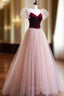 A-Line Velvet Tulle Long Prom Dress, Pink Short Sleeve Formal Evening Dress