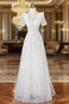 A-Line White Tulle Sequins Short Sleeve Prom Dress