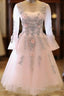 Adorable Pink Tulle Knee Length Long Sleeves Party Dress, Pink Homecoming Dress