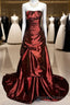 Aesthetic Ball Gown Strapless Burgundy Taffeta Prom Dress Ruffle Long Party Dress
