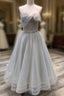 A line Tea Length Gray Prom Dress, Gray Tulle Homecoming Dress