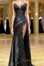 Amazing Long Black V-neck Spaghetti Straps Lace Sleeveless Prom Dress Long Slit Online
