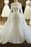 Amazing Long Mermaid High Neck Tulle Lace Wedding Dress with Sleeves