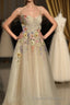 Ankle Length Tulle Straps Prom Dress with Flowers, A Line Party Gown