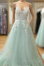 Appliques Spaghetti Straps Mint Green Tulle A Line Prom Dress