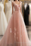 Appliques Straps Long Pink Tulle Flowers Prom Dress