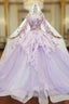 At Incredible Price Purple Ball Gown Tulle Long Sleeve Appliques Pleats Wedding Dress