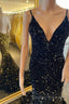 Open Back Sequin Mermaid V Neck Long Prom Dress