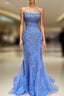Backless Blue Lace Prom Dress, Open Back Blue Lace Formal Graduation Dress