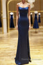 Backless Dark Navy Blue Long Prom Dress, Dark Navy Blue Formal Graduation Evening Dress