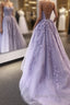 Backless Purple Lace Prom Dress with Train, Open Back Long Purple Lace Formal Evening Dress