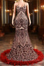 Backless Sequins Mermaid Prom Dress Burgundy Party Evening Dress with Feather Chapel Train