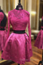 Backless Two Piece Homecoming Dress Beaded Fuchsia Lace Long Sleeves