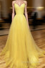 Backless Yellow Tulle Long Formal Evening Dress, Open Back Yellow Tulle Long Prom Dress