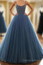 Ball Gown Deep Blue Tulle Prom Dress Evening Dress With Beading,