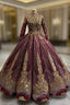 Ball Gown Gold Sequins Long Sleeve High Neck Prom Dress