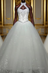 Ball Gown Halter Floor-Length Tulle Wedding Dress With Beading