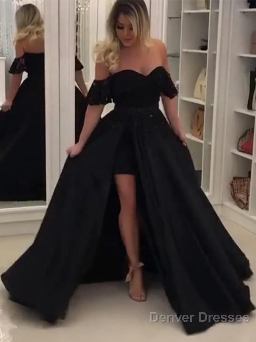 Dark Green Satin Sweep Ball Gown Off Shoulder Prom Dress, Lace Beading main image 1