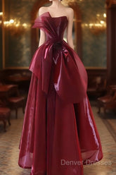Ball Gown Strapless Burgundy Organza Prom Dress Evening Dress