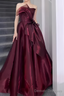 Ball Gown Strapless Burgundy Organza Prom Dresses Long Evening Dress