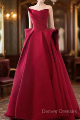 Ball Gown Strapless Burgundy Satin Prom Dress Evening Dress