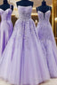 Ball Gown Strapless Purple Violet Prom Dress Lace Long Formal Gown