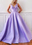 Ball Gown V Neck Sleeveless Satin Sweep Train Prom Dresses