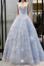 Beaded Tulle Prom Dress Ball Gown Plunge Neck