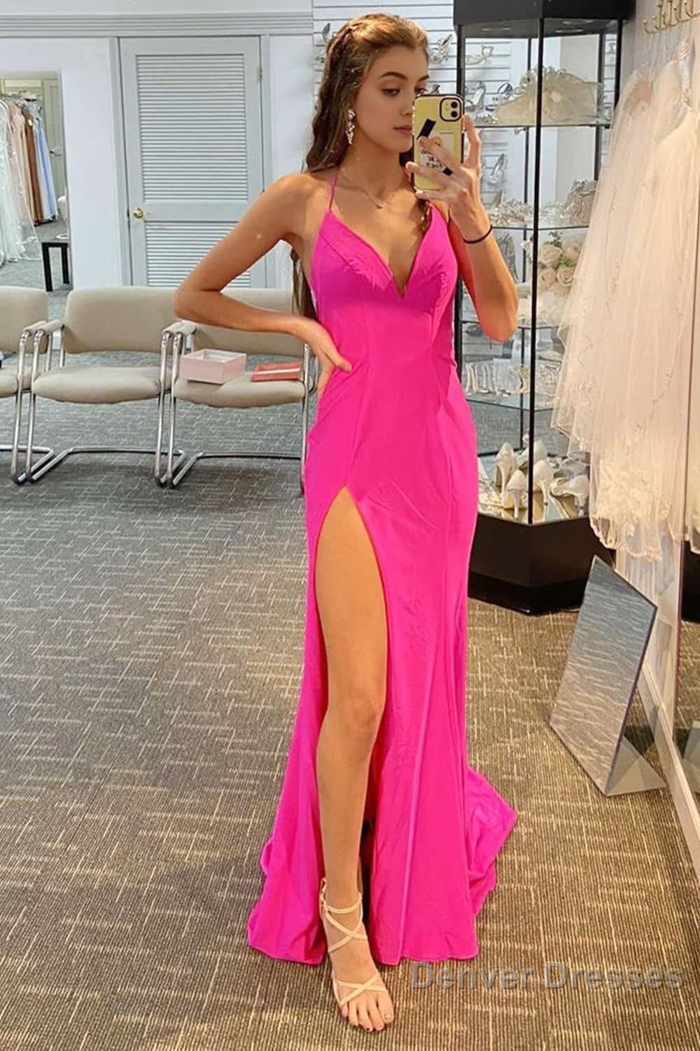 Beading Hot Pink Halter Prom Dress with Slit Denver Dresses Beading Hot Pink Halter Prom Dress with Slit Denver Dresses