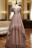 Bean Paste Color Tulle Off the Shoulder Beading Prom Dress