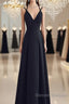Beautiful Black Chiffon Straps Long A-Line Junior Prom Dress, Black Party Gowns