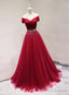 Beautiful Dark Red Tulle Off Shoulder Long Prom Dress, Beaded Party Dress