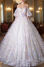 Beautiful Floral Tulle Pearl Sequins Prom Dress, A-Line Puffy Short Sleeve Evening Party Dress