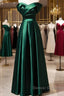 Beautiful Green Satin A-Line Off Shoulder Prom Dress, Green Evening Dress Party Dress