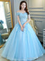 Beautiful Light Blue Tulle Off Shoulder Ball Gown Sweet 16 Gown, Blue Formal Gown