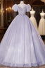 Beautiful Light Blue Tulle Sequins Prom Dress, Scoop Neck Short Sleeve Puffy Floor-Length Evening Dress