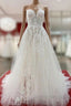 Beautiful Long A-line Strapless Tulle Ivory Wedding Dress with Appliques Lace