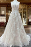 Beautiful Long A-line Tulle Lace V Neck Open Back Wedding Dress