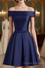 Beautiful Navy Blue Satin Knee Length Homecoming Dress, Blue Short Prom Dress