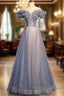 Beautiful Off Shoulder Puffy Sleeves Beaded Party Dress Prom Dress, Blue Evening Gown