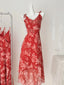 Beautiful Red Printed A-Line V-Neck Bow-Strap Chiffon Long Prom Dress