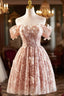 Beautiful Tulle Flower Knee Length Prom Dress, Off the Shoulder Short Sleeve Evening Party Dress