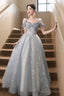 Beautiful Tulle Short Sleeves Formal Dress With Lace, Lovely Blue Long Prom Dress