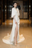 Beautiful White Puffy Sleeves Long Party Dress With Leg Slit, White Wedding Party Dress