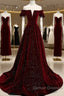 Beautiful Wine Red Off Shoulder Velvet Long Party Dress, A-Line Dark Red Prom Dress