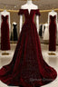 Beautiful Wine Red Off Shoulder Velvet Long Party Dress, A-Line Dark Red Prom Dress