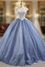 Biggest Sale Blue Ball Gown Tulle Cap Seeve Beading Long Prom Dress