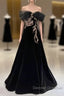 Black A-Line Off Shoulder Tulle Velvet Long Prom Dress,Sequin Formal Evening Dress
