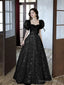 Black A-Line Short Sleeves Lace Floor Length Party Dress, Black Sweetheart Prom Dress