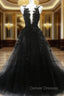 Black A-line Tulle with Lace Long Party Dress, Black Formal Dress Prom Dress